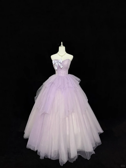 Lavender Strapless Beaded Cinched Waist Voluminous Skirt Romantic Dress, Wedding Gown gh7902