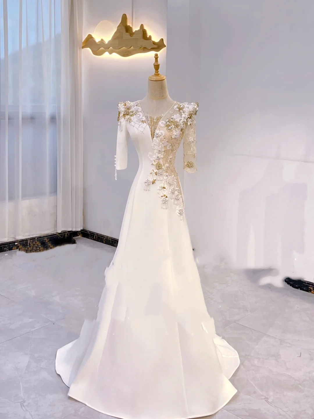 White V-Neck Waist-Cinched Fitted A-Line Skirt Long Evening Dress, Fairy Gown, Romantic Gown gh7419