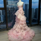 Light Pink Strapless Waist-Cinched Floral Long Evening Dress, Fairy Gown, Romantic Gown gh7371