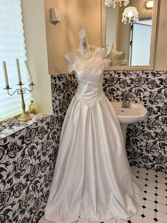 White Satin Strapless Floral Embroidered Waist-Cinched Draped Long Romantic Dress, Wedding Gown gh7596