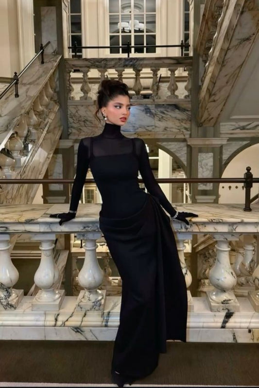girlhomeshops - Robe longue en satin noir à manches longues gh6252