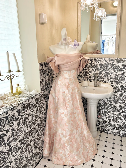 Light Pink Off-the-Shoulder Cinched Waist Figure-Flattering Printed Long Romantic Dress, Wedding Gown gh7810