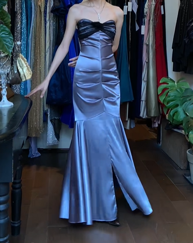 Dusty Purple Vintage Prom Dress Strapless Black Tulle Twist Bust Ruched Satin Mermaid Long Evening Gown With Side Slit gh9628
