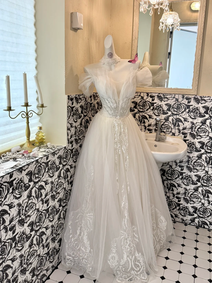 Ivory Soft Off-the-Shoulder Waist-Cinched Full Flared Skirt Romantic Dress, Wedding Gown gh7644