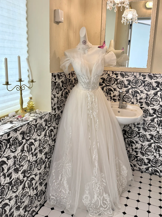 Ivory Soft Off-the-Shoulder Waist-Cinched Full Flared Skirt Romantic Dress, Wedding Gown gh7644