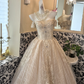 Light Apricot Off-the-Shoulder Waist-Cinched Full Flared Long Luxury Romantic Dress, Wedding Gown gh7672