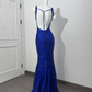 Dark Blue V-Neck Spaghetti Strap Fitted Waist Slim Elegant Prom & Evening Dress gh7229