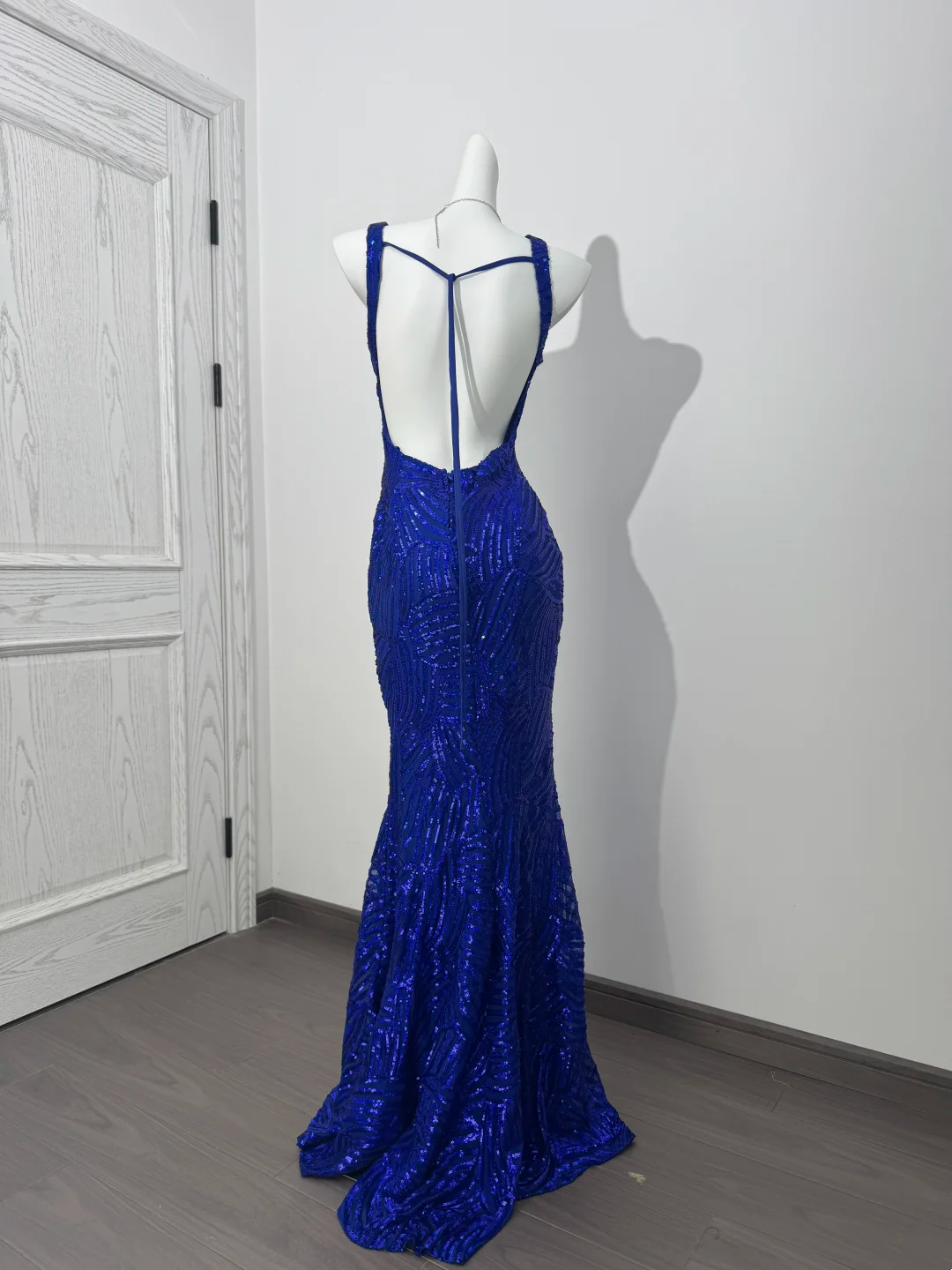 Dark Blue V-Neck Spaghetti Strap Fitted Waist Slim Elegant Prom & Evening Dress gh7229