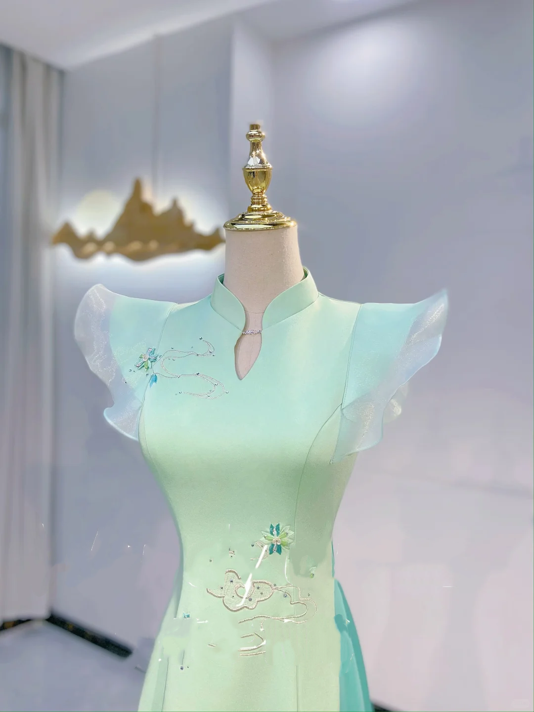 Light Green Flutter Sleeve Waist-Cinched Fitted A-Line Evening Dress, Fairy Gown, Romantic Gown gh7420