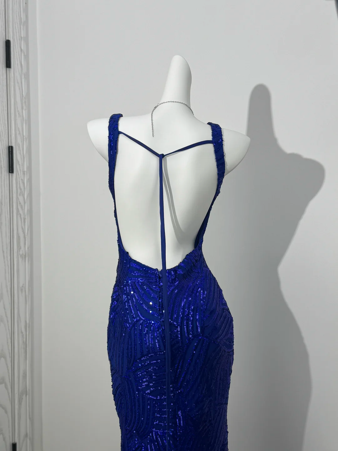 Dark Blue V-Neck Spaghetti Strap Fitted Waist Slim Elegant Prom & Evening Dress gh7229