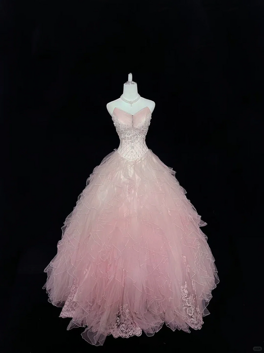 Blush Pink Ombre Strapless Rhinestone Cinched Waist Voluminous Princess Skirt Long Romantic Dress, Wedding Gown gh7993