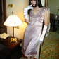 Light Brown Coffee Satin Beaded Vintage Elegant Prom Gown, Evening Party Dress gh8354