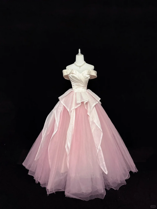 Blush Pink Gentle Off-the-Shoulder Cinched Waist Voluminous Designer Skirt Long Romantic Dress, Wedding Gown gh7903