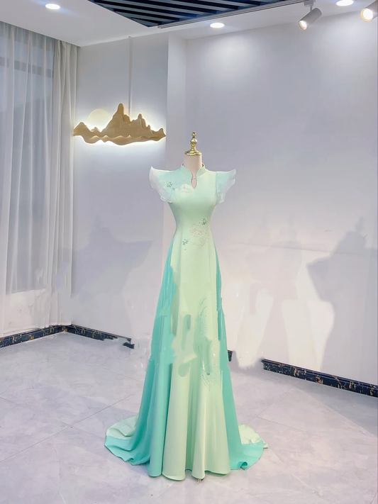 Light Green Flutter Sleeve Waist-Cinched Fitted A-Line Evening Dress, Fairy Gown, Romantic Gown gh7420
