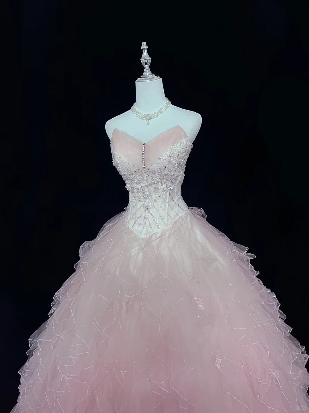 Blush Pink Ombre Strapless Rhinestone Cinched Waist Voluminous Princess Skirt Long Romantic Dress, Wedding Gown gh7993