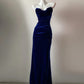 Robe de soirée élégante en velours bleu/noir, col en cœur, longueur au sol, robe de bal, gh4076