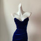 Robe de soirée élégante en velours bleu/noir, col en cœur, longueur au sol, robe de bal, gh4076