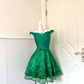 Women Emerald Green Homecoming Dress, Off‑Shoulder V‑Neck Satin Bodice With Bow Belt Glitter Thread Embroidery Mesh Flared A‑Line Mini Party Dress gh9194