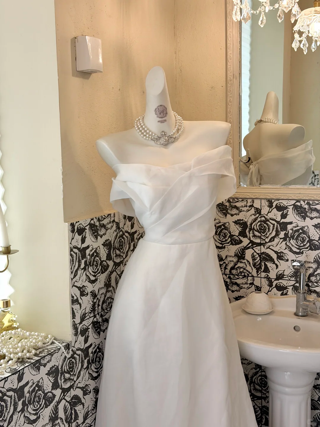 White Strapless Minimalist Elegant Waist-Cinched A-Line Skirt Romantic Dress, Wedding Gown gh7762