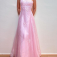 ✨Girlhomeshops-Light Pink Spaghetti Strap 3D Floral Beaded Organza A-Line Formal Prom Gown gh10269