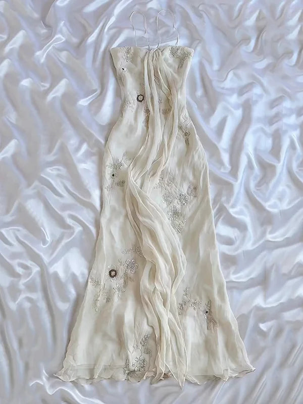 Robe de soirée longue en mousseline de soie, magnifique, légère et délicate, avec des bretelles spaghetti et des perles, gh3336