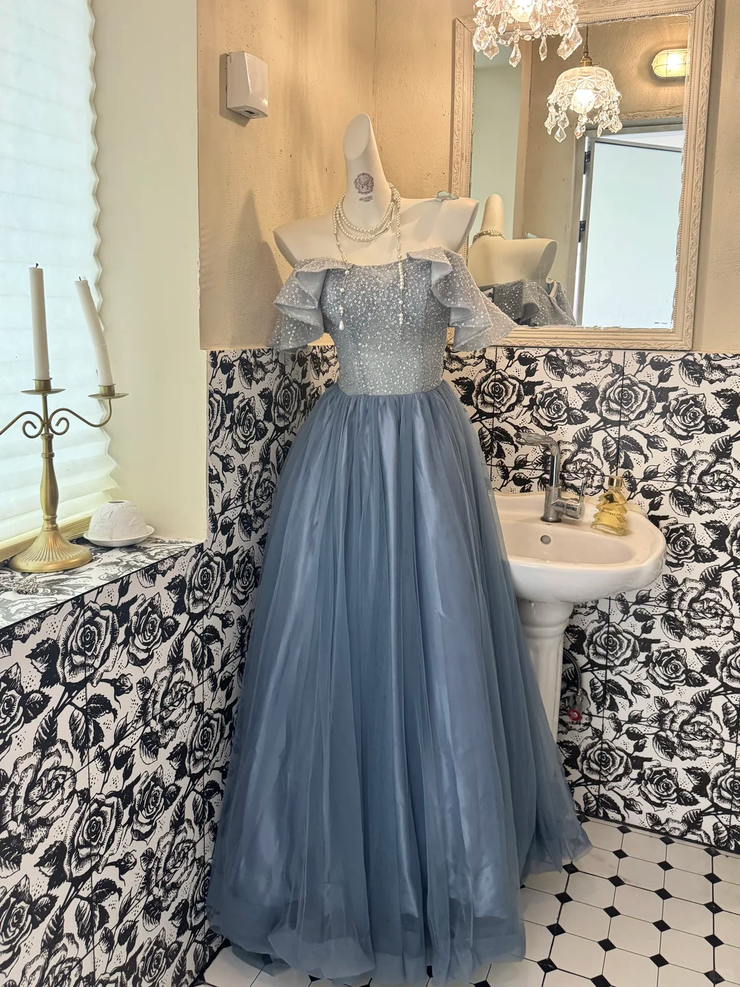 Light Gray Blue Off-Shoulder Waist-Cinched Full Flared Long Romantic Dress, Wedding Gown gh7505