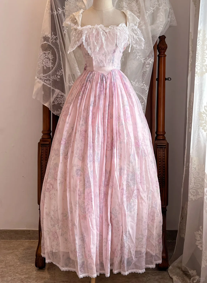 Light Pink Floral Vintage Long Gown, Off Shoulder Lace A-Line Party Dress gh9314