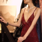 Burgundy Floral Sequin Long Evening Gown Deep V Spaghetti Straps Mermaid Prom Dress gh9868