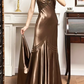 Bronze‑Brown Satin Beaded‑Strap Twist‑Knot Beaded‑Trim Mermaid Floor‑Length Vintage Evening Prom Gown gh8793