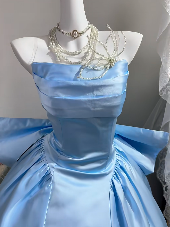 Light Blue Satin Strapless Short Princess Gown, Big Back Bow A-Line Homecoming Dress gh9286