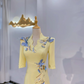 Pale Yellow Mid-Long Sleeve Waist-Cinched Fitted Elegant Evening Dress, Fairy Gown, Romantic Gown gh7421