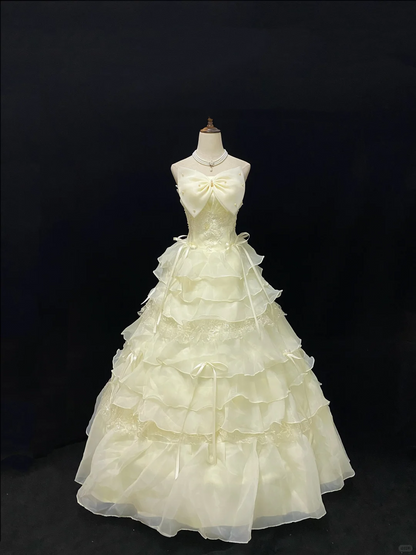Off-White Strapless Romantic Gown with Bow Detail, Cinched Waist, Fluffy Tiered Skirt, Wedding Dress & Bridal Gown gh8174