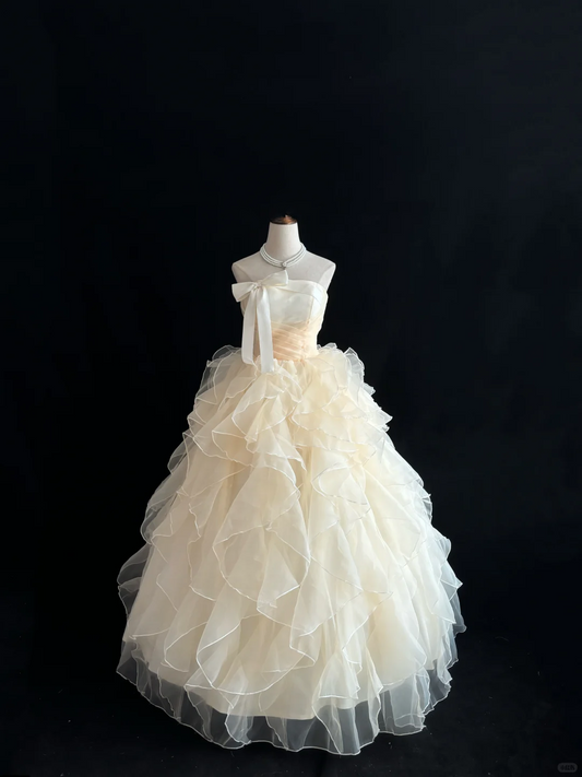 Apricot Strapless Cinched Waist Ruffled Voluminous Skirt Long Romantic Dress, Wedding Gown gh7994