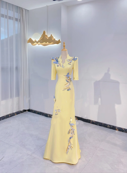 Pale Yellow Mid-Long Sleeve Waist-Cinched Fitted Elegant Evening Dress, Fairy Gown, Romantic Gown gh7421