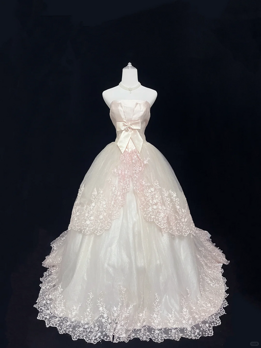 Blush Pink Satin Strapless, Cinched Waist, Voluminous Princess Skirt with Lace Trim, Vintage Elegant Romantic Dress, Wedding Gown gh8040