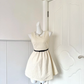 Women Cream Homecoming Dress, Sleeveless Round Neck Textured Jacquard Fabric, Thin Black Bow Sash, High Waist Voluminous A‑Line Mini Cocktail Party Dress gh9240