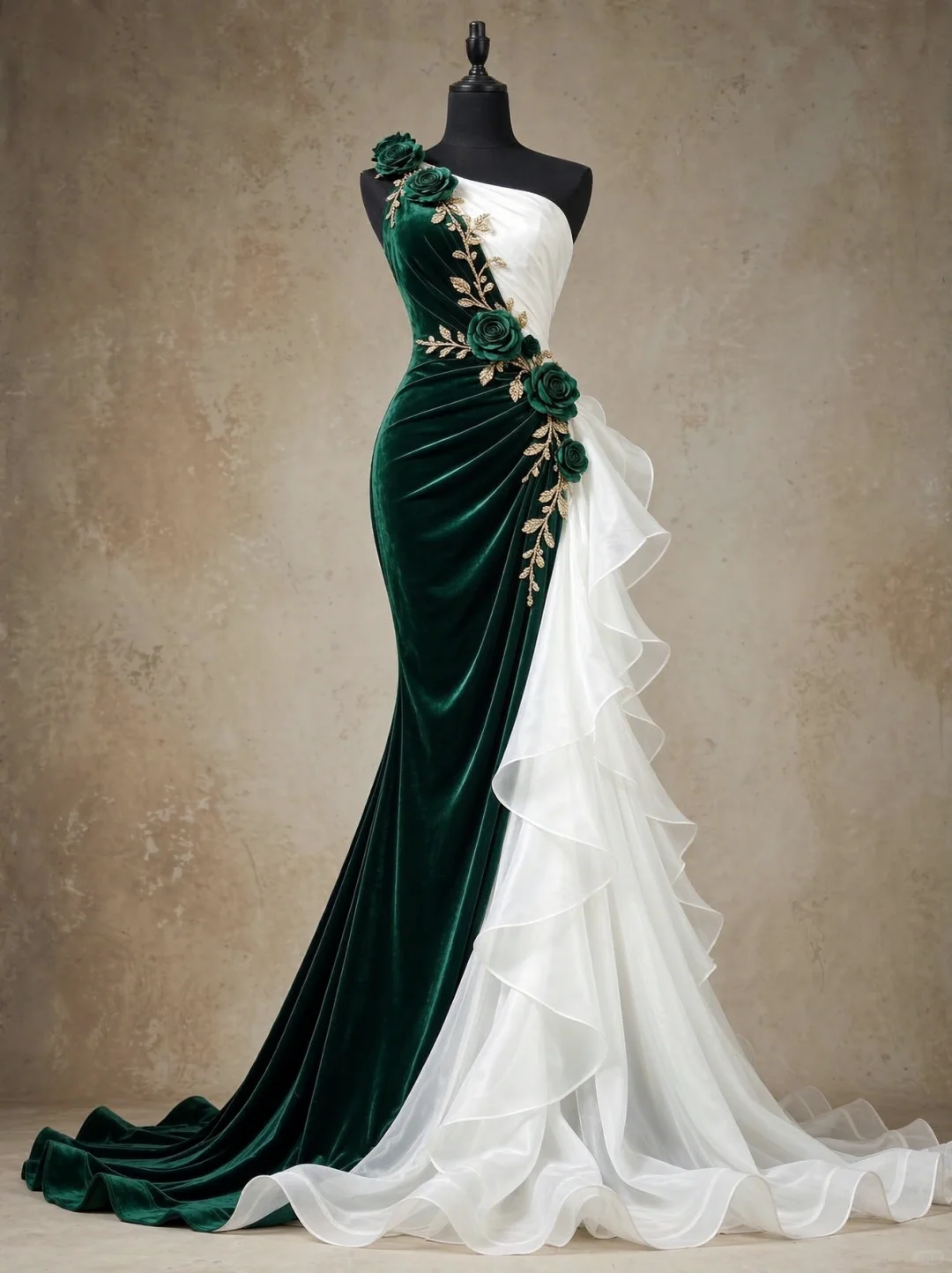 ✨Girlhomeshops-One Shoulder Emerald Green Velvet Mermaid Gown with 3D Rose and White Ruffle Train gh10501