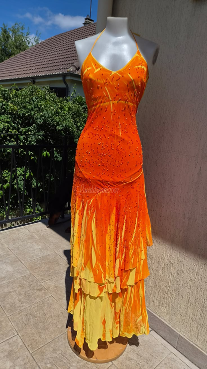 Orange Halter Neck Waist-Cinched Fitted Beaded Sexy Irregular Hem Evening Dress, Fairy Gown, Romantic Gown gh7450