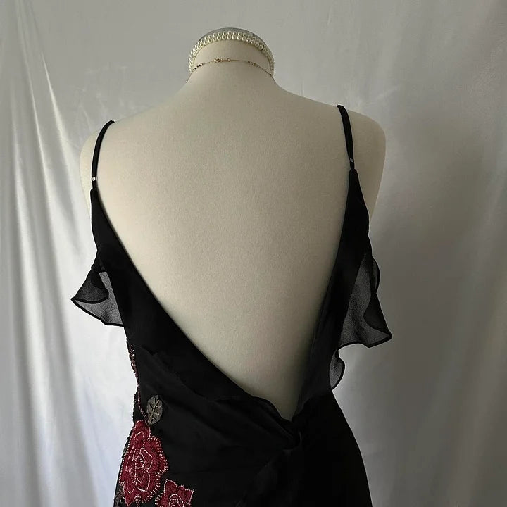 Robe de soirée longue en tulle à fleurs et perles, noire, magnifique, moulante, sans bretelles, exquise, rose rouge, gh3157