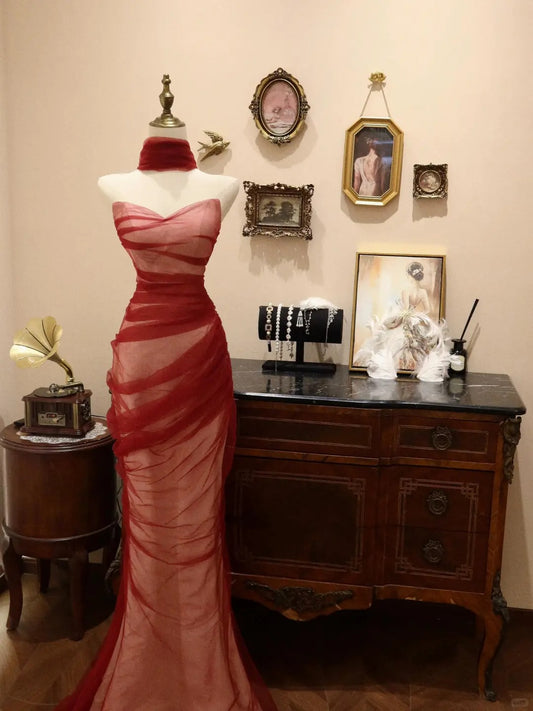 Rotes Vintage-Mode elegantes langes, schlankes Meerjungfrau-Tüll-Ballkleid Abendkleid Partykleid Ballkleid gh3652