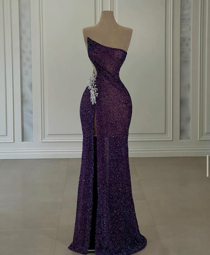 Girlhomeshops - Robe de soirée longue à paillettes, violette, brillante, élégante et sexy, fendue, gh5034