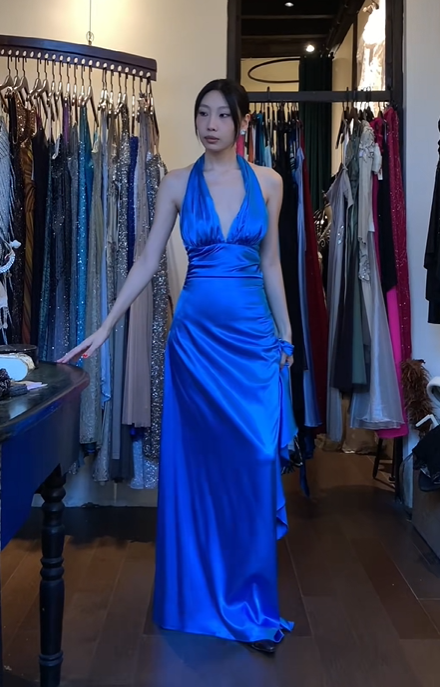 Halter Royal Blue Satin Evening Gown Deep V Ruched Side Ruffle Slit Long Prom Dress gh9707