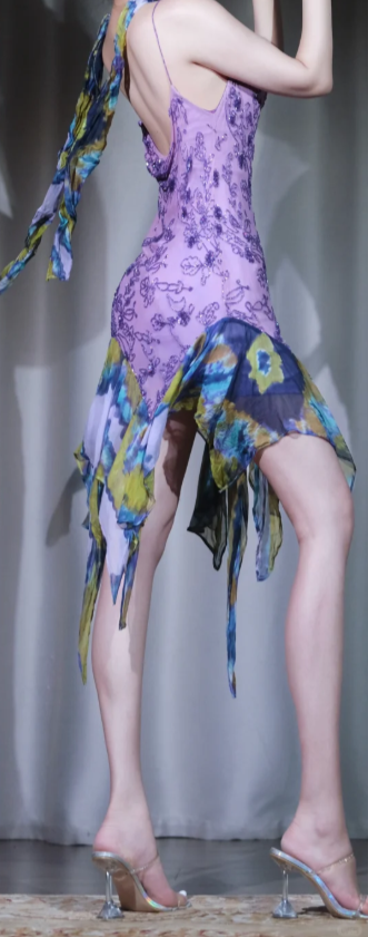 ✨Girlhomeshops-Lavender Beaded Cocktail Party Dress Spaghetti Strap Watercolor Print Irregular Ruffle Hem Evening Gown gh10039