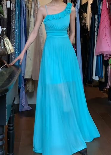 Turquoise Vintage Prom Dress One Shoulder 3D Flower Ruffle Pleated Chiffon Long Evening Gown gh9606