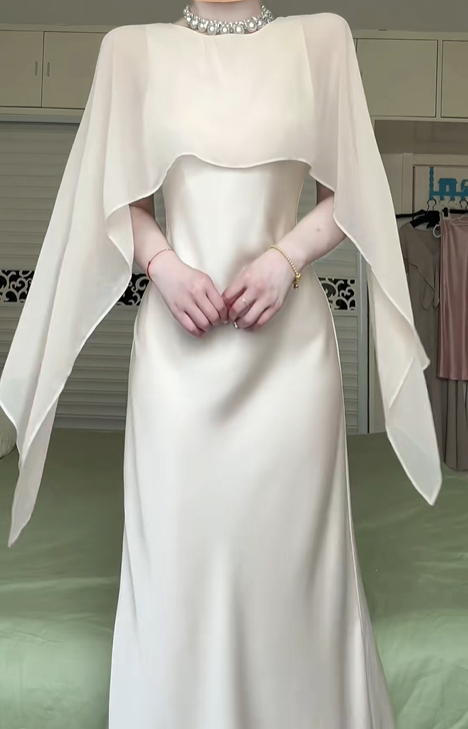 Beige Satin Cape Long Evening Gown, Round Neck Sheer Chiffon Cape Overlay Formal Prom Dress gh9020