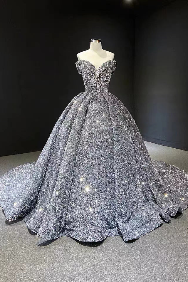 Silber/Rot/Grün Glänzend Wunderschöne Pailletten Langes Ballkleid Abendkleid Off Schulter Erwachsene Zeremonie Kleid gh3128