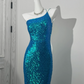 Lake Blue Sequin Spaghetti Strap Sexy Fitted Waist Bodycon Prom & Evening Dress gh7231