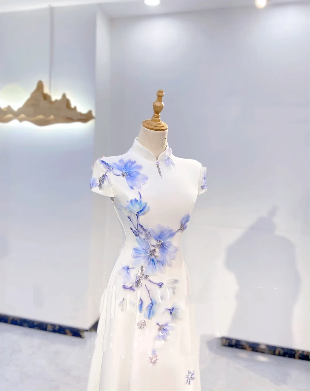 Elegant White Waist-Cinched Fitted Long Evening Dress with Blue Print, Fairy Gown, Romantic Gown gh7422