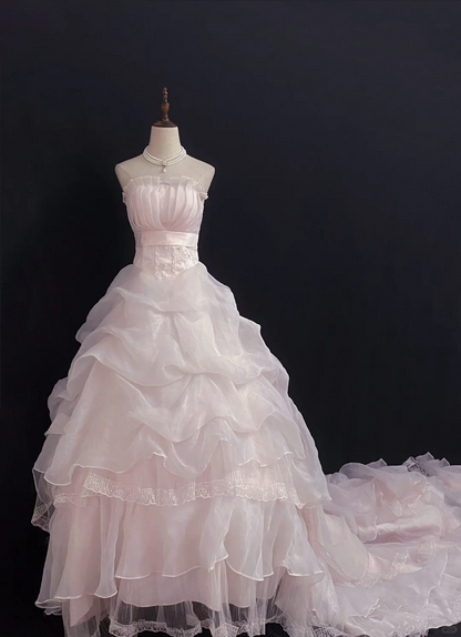 Blush Pink Strapless Long Elegant Romantic Gown with Fitted Waist and Fluffy Princess Skirt, Wedding Dress & Bridal Gown gh8306