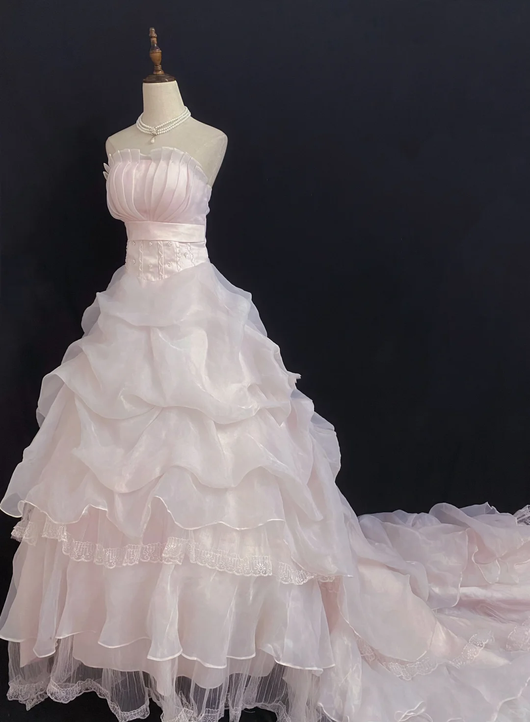 Blush Pink Strapless Long Elegant Romantic Gown with Fitted Waist and Fluffy Princess Skirt, Wedding Dress & Bridal Gown gh8306